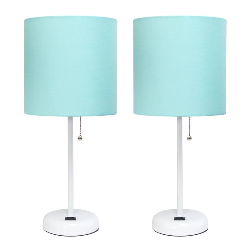 19.5 in. White Finish Table Lamp with Blue Shade, Durable Stick Lamp for End/Side Tables, Set of 2