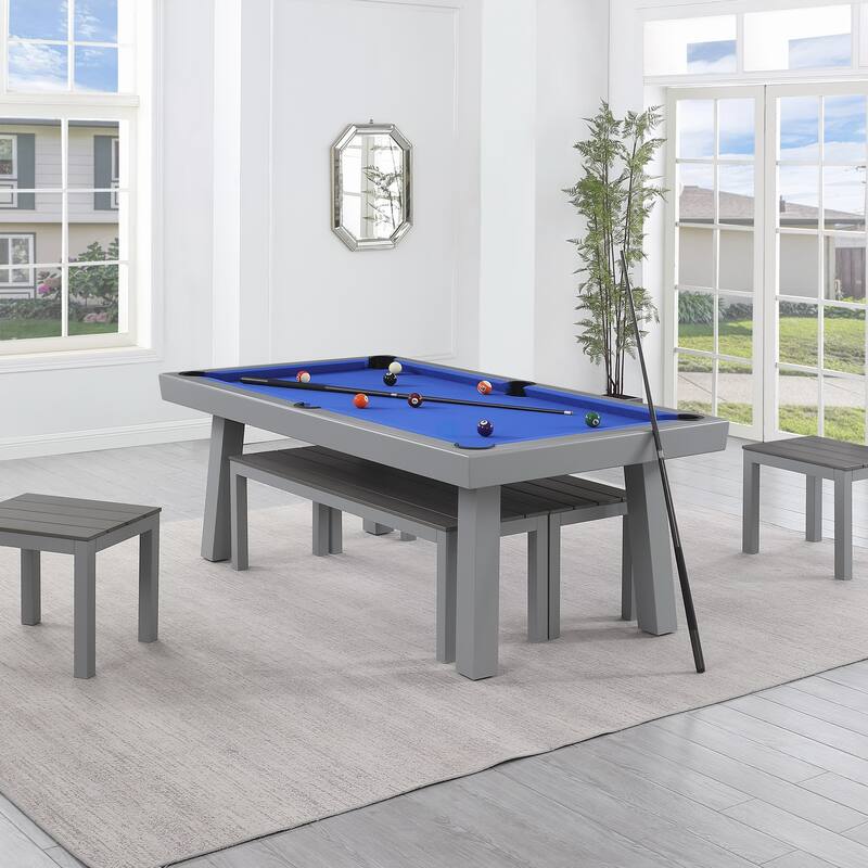 Laguna Indoor/Outdoor 8ft Slate Pool Table 6-Seater Dining Set with 4 Benches & Accessories, Cement Finish