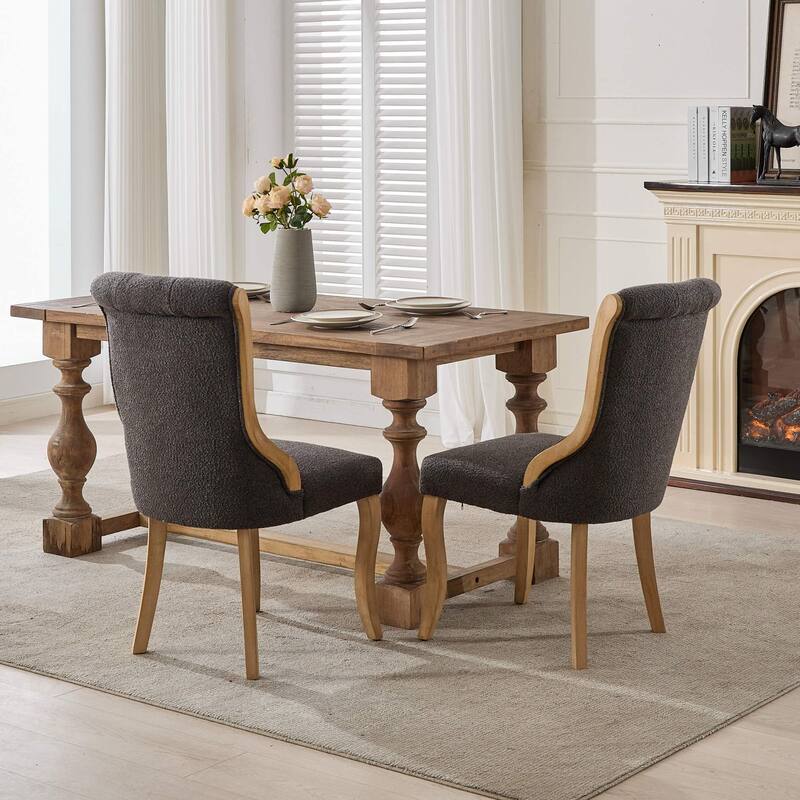 Snow Velvet Dining Chairs, Mid-Century Style with Curved Wood Trim & Sculpted Legs, Set of 2, Gray