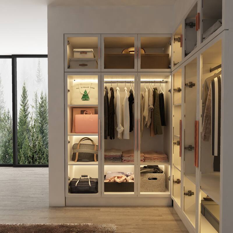 Glass Door Wardrobe Armoire Storage Closet with Light Display Cabinet