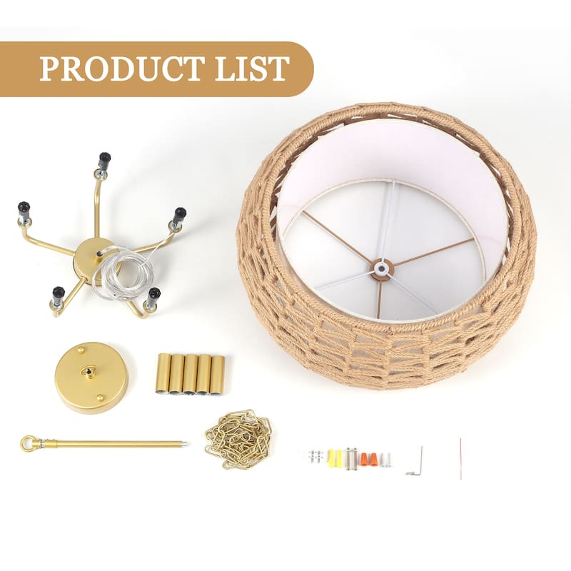5-Light Hemp Rope Candlestick Hanging Linear Chandelier Lighting with Cloth Cover for Kitchen Island