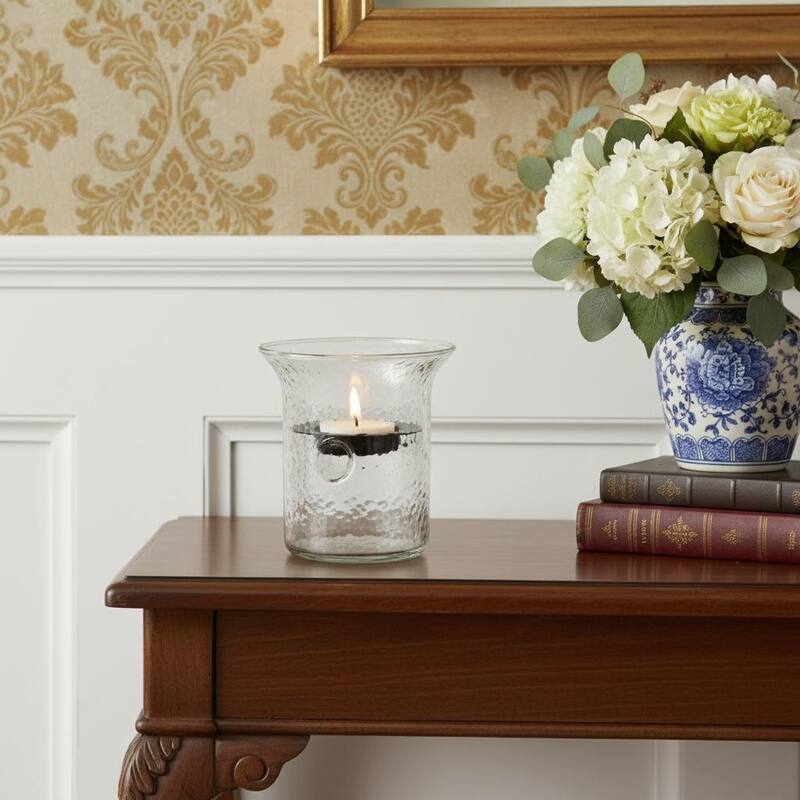 HomeRoots 4" Clear Glass Tabletop Hurricane Candle Holder With Candle