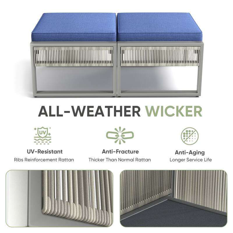 2 Pieces Outdoor Patio Ottoman, All Weather Rattan