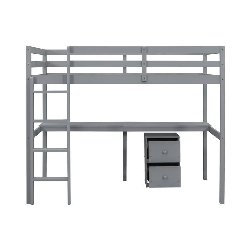 Twin Size Wood Loft Bed with Desk, Storage, and Ladder
