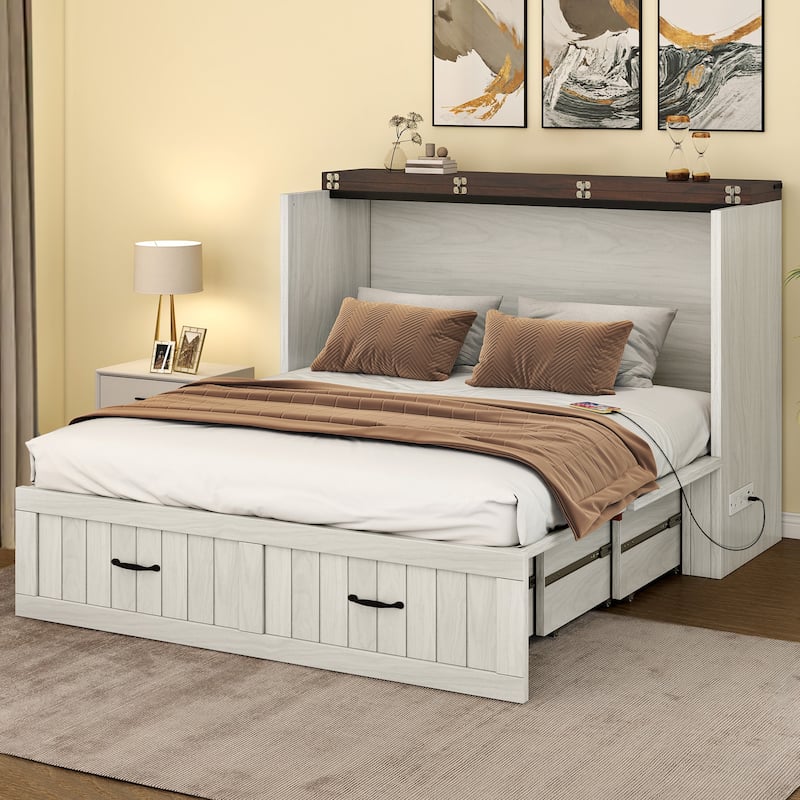 Murphy Bed Chest with Built-In Charger - White - Full