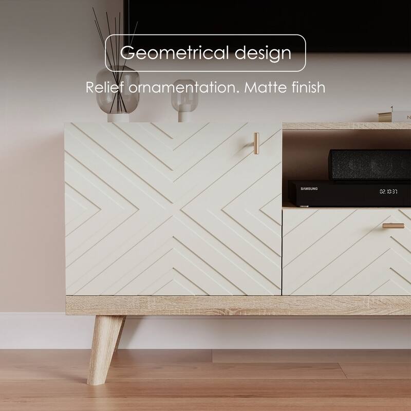 Living Skog Alba Beige TV Stand Console with Drawer Fits TV's up to 65 in. with Wood Legs Mid Century Modern Design
