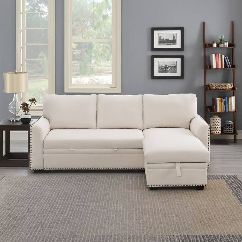 Morden Fort Reversible L-Shaped Sofa Bed with Storage - Velvet Upholstery, Button Tufting, and Nailhead Trim - White