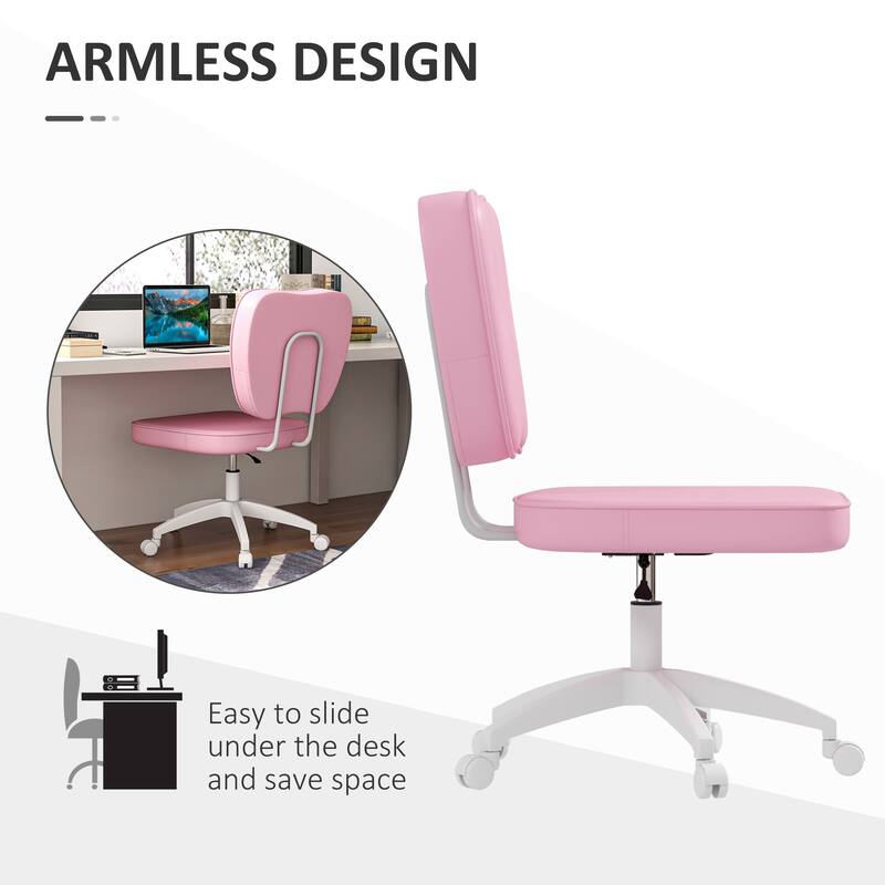 Cute Armless Office Chair, Leather Computer Desk Chair with Wheels, Vanity Task Chair with Adjustable Height