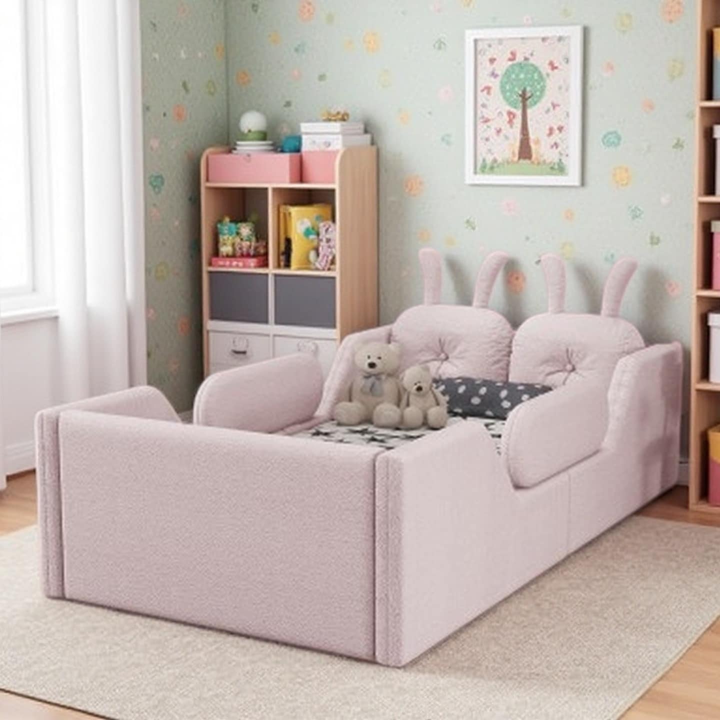 Twin Kids Upholstered Platform Bed with Removable Safety Rails and Rabbit Cushions, Soft Teddy Fabric Floor Bed