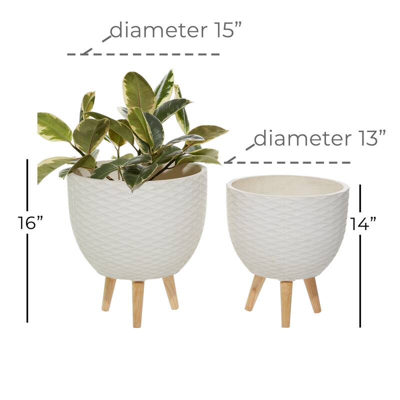 White or Gray Ceramic Indoor Outdoor Planter with Wood Legs (Set of 2)