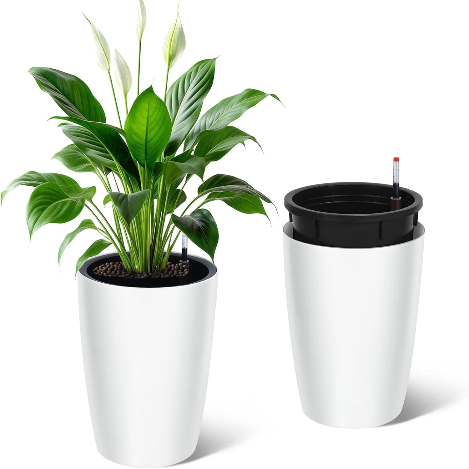 2-Pack 16Inch Tall Self-Watering Planters with Water Level Monitor and Drainage Holes Black