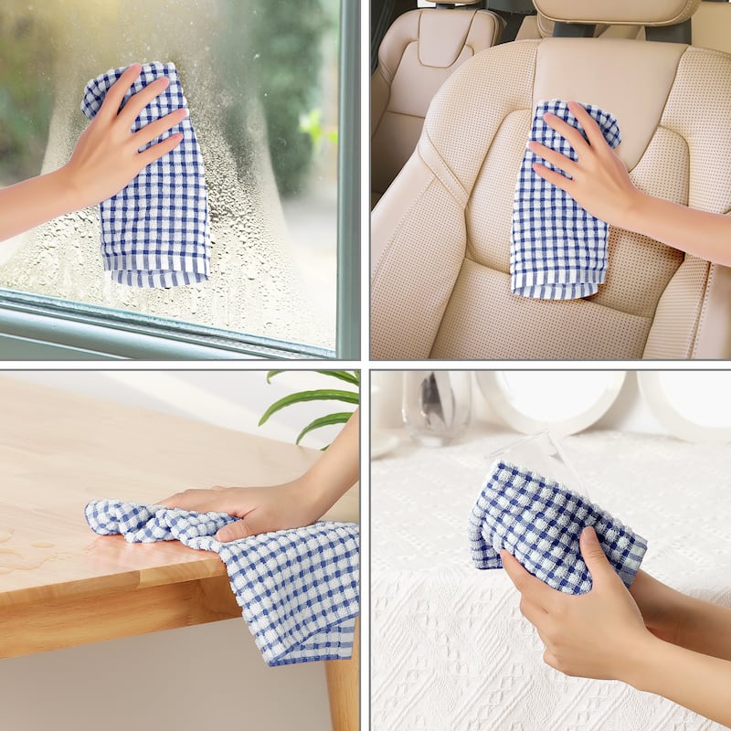 100% Cotton Kitchen Dish Towels, Checked Dishcloths Set for Drying Dishes and Table - 12" x 12" - Blue