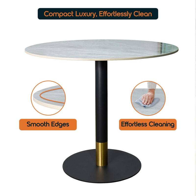 Vail Round Dining Table 27 in. Sintered Stone Tabletop in Black Stainless Steel Round Pedestal Base with Gold Accents
