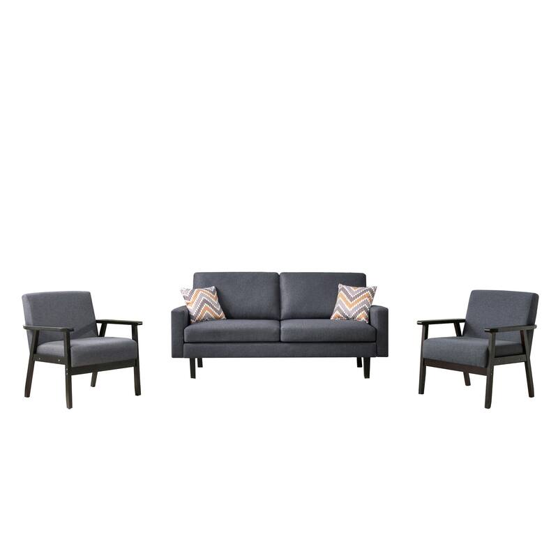 Gala 3 Piece Sofa and Chairs Set, Gray Fabric, 2 Pillows, Black Wood Frame - Black
