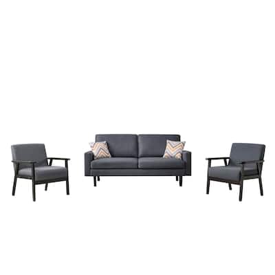 Gala 3 Piece Sofa and Chairs Set, Gray Fabric, 2 Pillows, Black Wood Frame