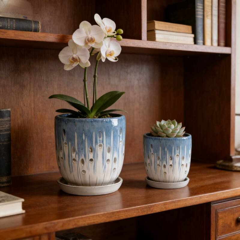 Anmytek Handmade Ceramic Planter Set of 2 Blue White