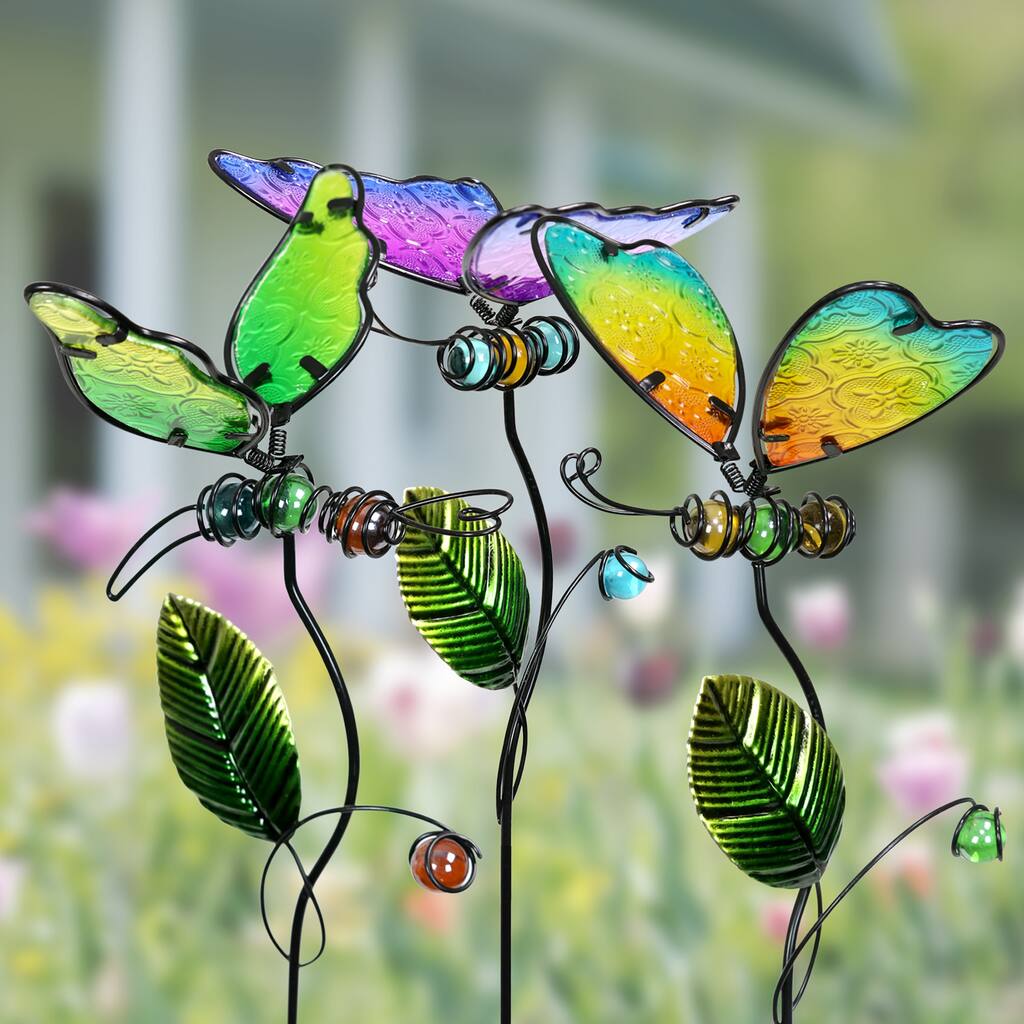 Exhart Embossed Glass with Metal Flying Insect Plant Stake Set of Three, 12 Inches