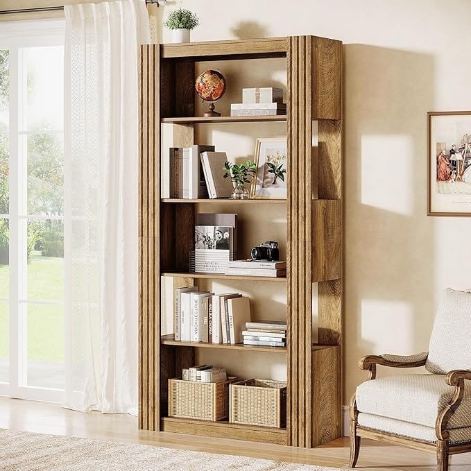 70.8-Inch 5-Tier Open Bookshelf Bookcase Wood Display Storage Shelves - Rustic Brown
