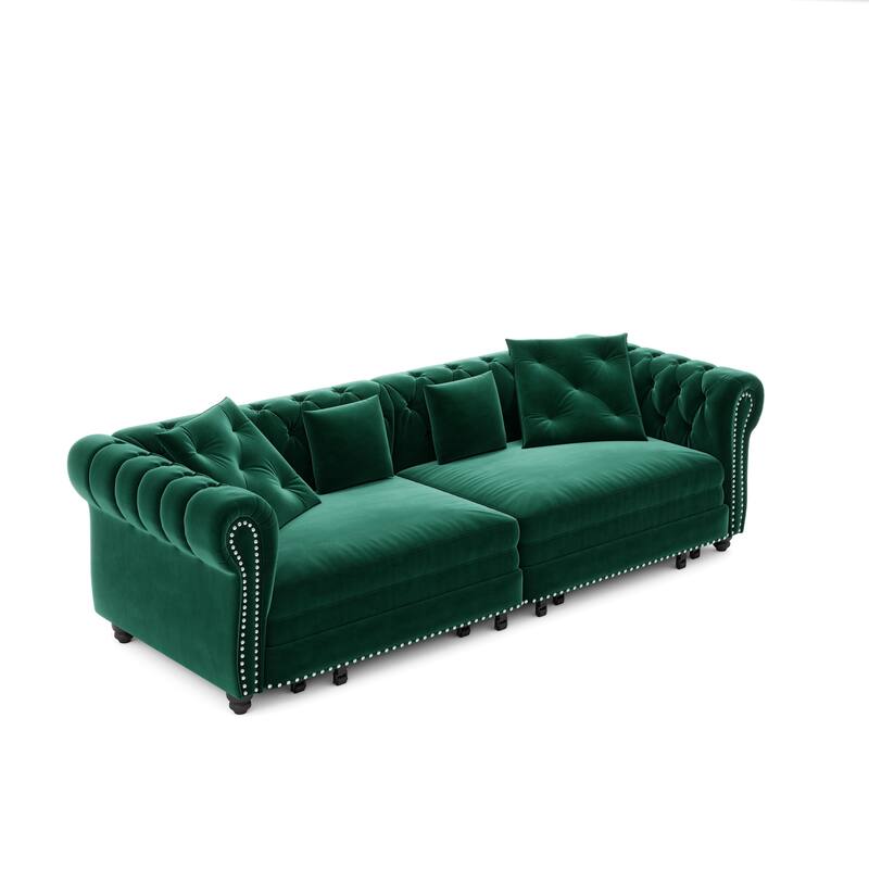 89" Chesterfield Pull Out Sofa Bed - Velvet 3-in-1 Convertible Sleeper with Chaise & Ottoman, King Size Sleeper Sofa
