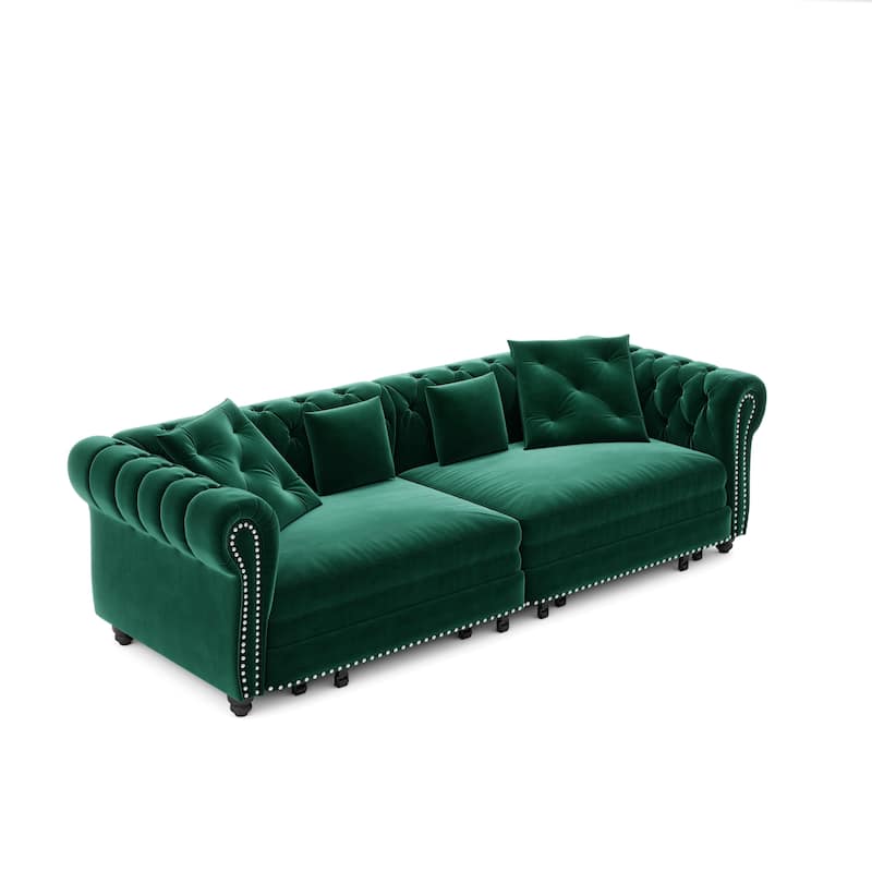 Oversized Chesterfield Loveseat Sofa, Convertible Pull Out Sleeper Sofabed Velvet Couch Bed w/Movable Ottoman and Nailhead Trim