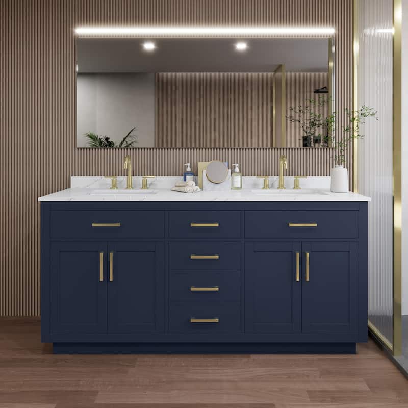 Wyndham Collection WCG262672D-QTZ-US3MXX Beckett TK 72" Free Standing - Dark Blue / Giotto Quartz Top / Brushed Gold
