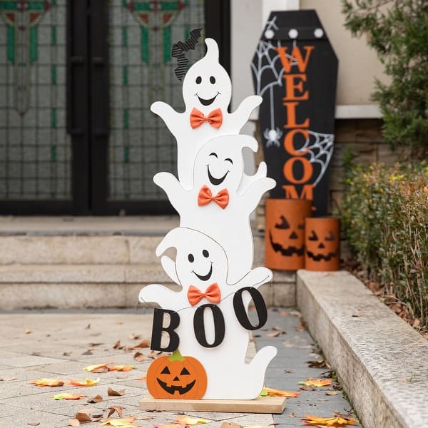 slide 2 of 15, Glitzhome Halloween Wooden Stacked Ghost Porch Decor(KD)