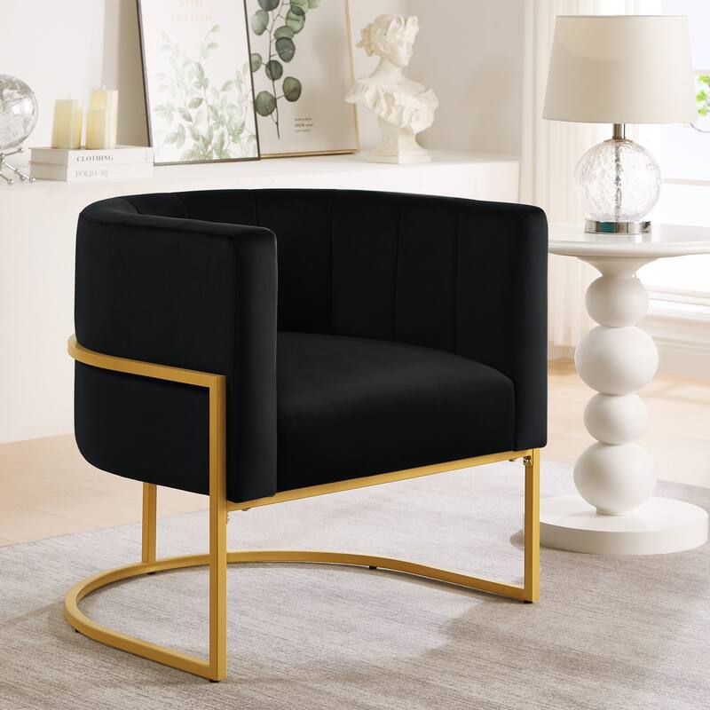 Black Stylish Velvet Upholstered Chair Barrel Chair with Metal Frame, Curved Backrest Lounge Chair Club Chair for Living Room