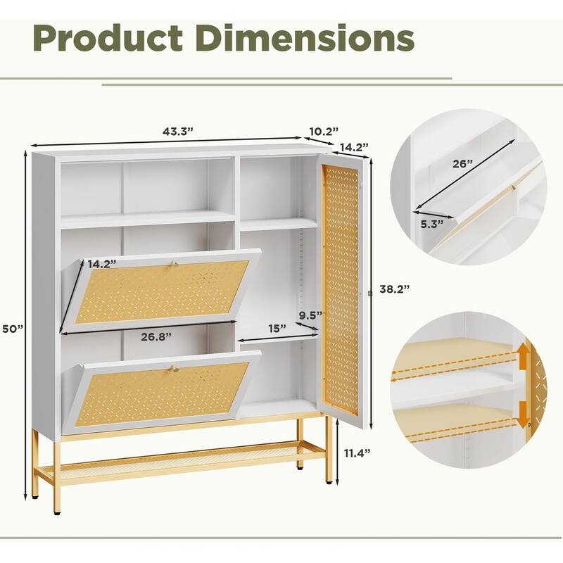 AECOJOY Shoe Storage Cabinet with 2 Flip Drawers with Door & Open Storage - 10.2"D x 43.3"W x 50"H
