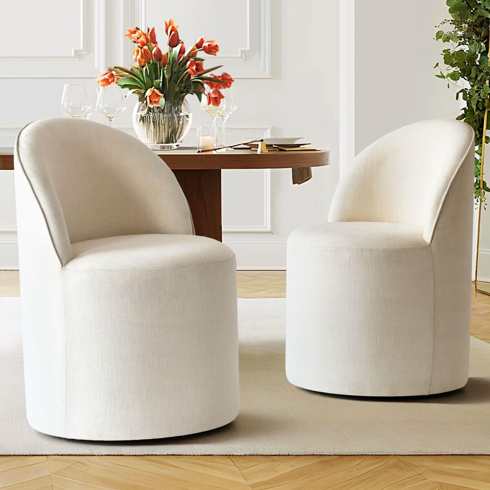 Linen Rolling Upholstered Dining Chair with Wheels (Set of 2)