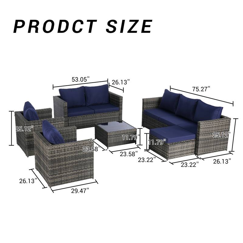 6-Piece Outdoor Wicker Patio Sectional Set with Cushions, Tempered Glass Coffee Table, and Ottoman