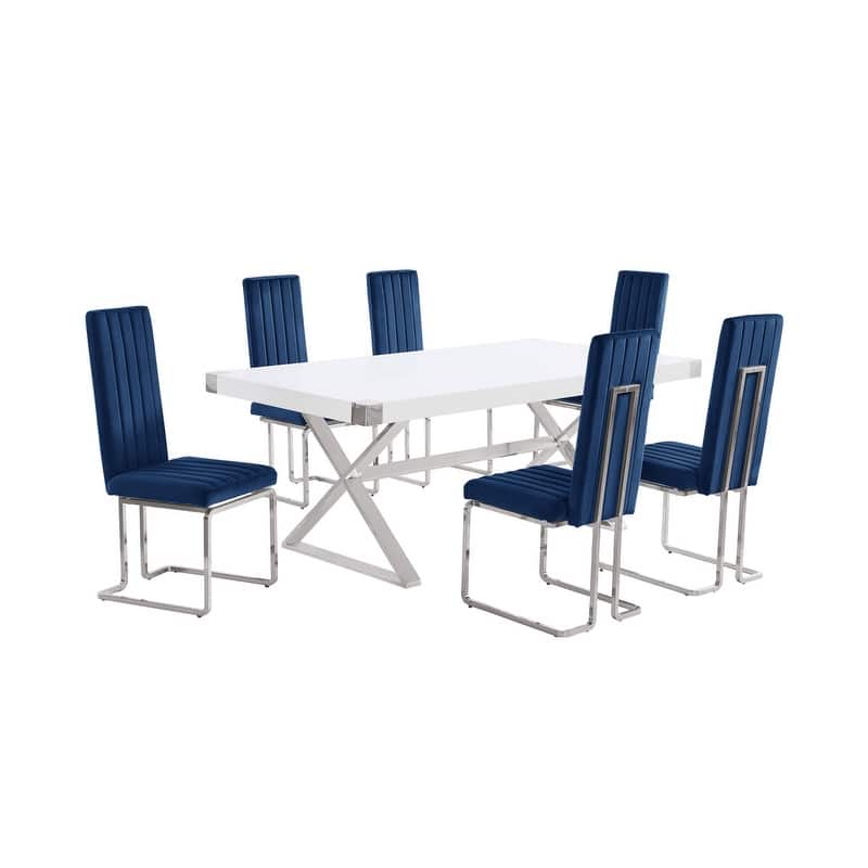 Best Quality Furniture D440/1-SC340-7 Dining Set with 78" White Lacquer Wood Top
