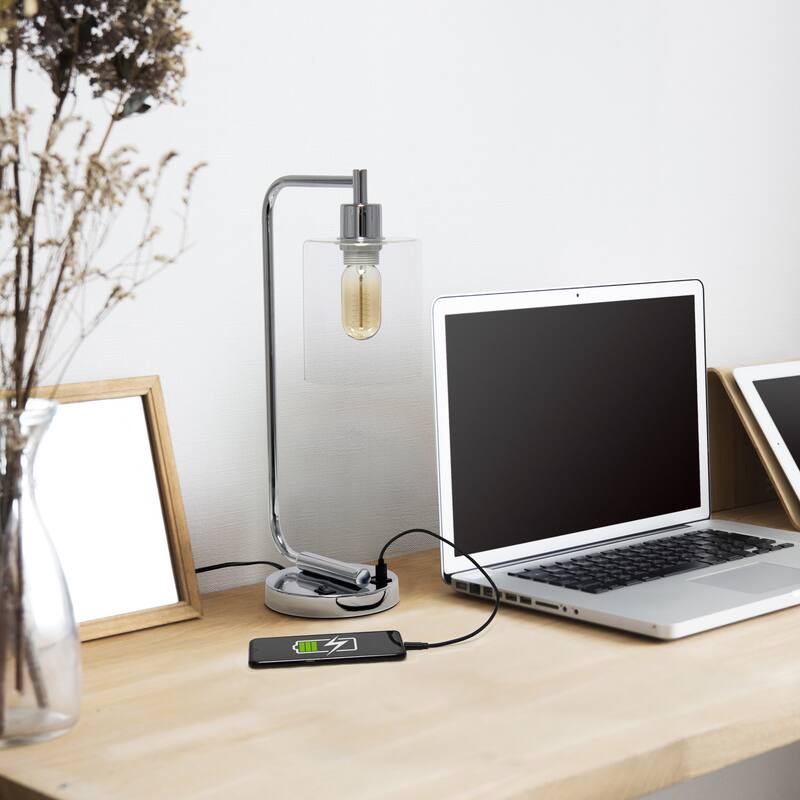 Simple Designs 18.8" Iron Lantern Desk Table Lamp with USB Port, Antique Brass, With LED Bulb
