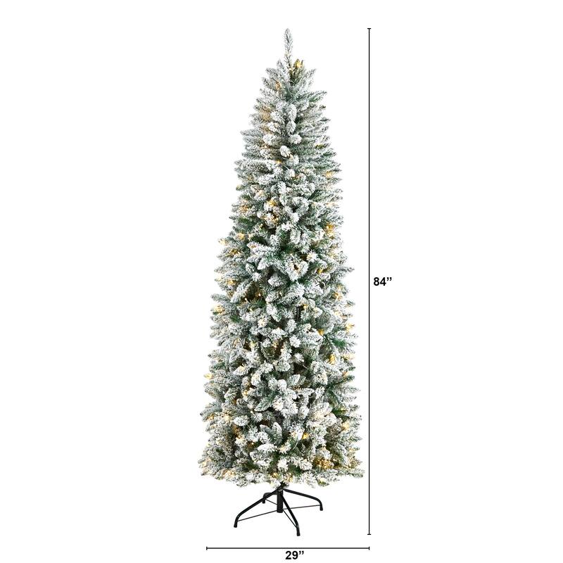 7' Flocked Slim Montreal Artificial Christmas Tree, Warm Clear LED - 7 Foot