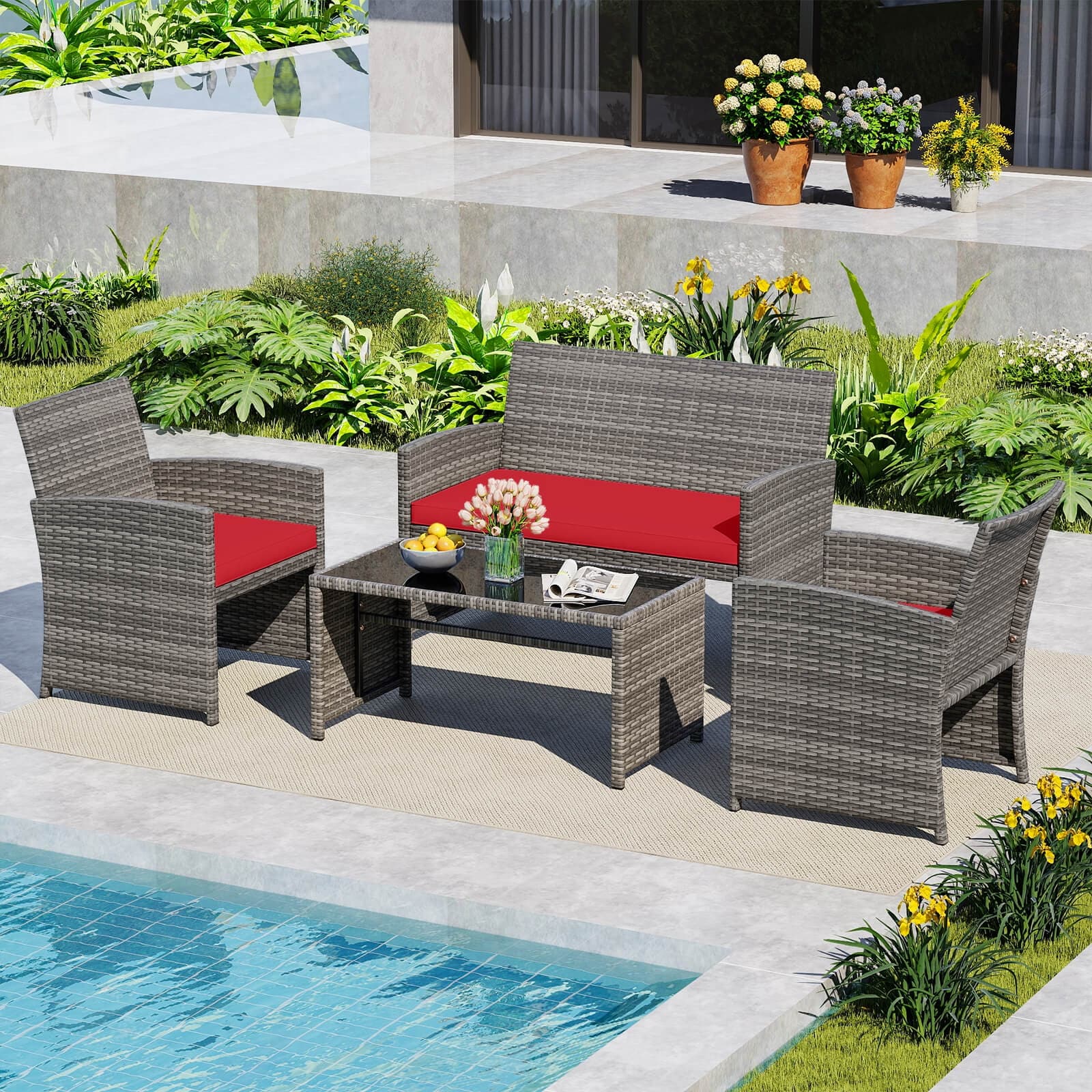 Costway 4 PCS Patio Conversation Set with Seat Cushions & Tempered - See Details