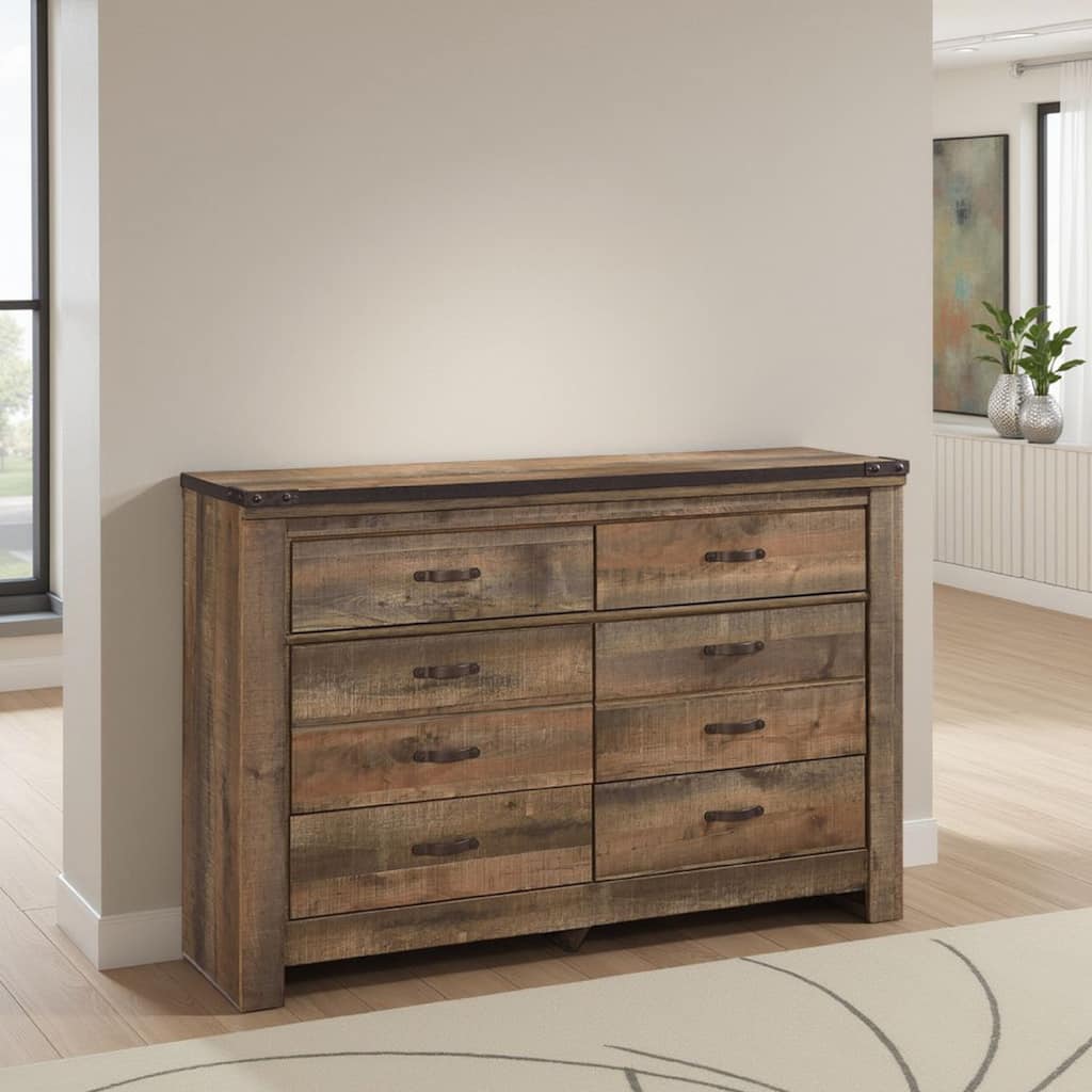 Zoey Wide Dresser, 6 Wide Storage Drawers, Rustic Brown Plank Details