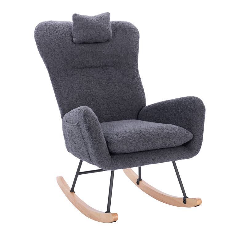 Rocking Chair Teddy Upholstered, Rocking Accent Chair Padded Seat, High Backrest Armchair, for Living Room Bedroom Offices - Grey