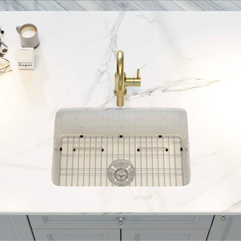 White Fireclay Farmhouse Undermount Kitchen Sink with Bottom Grid and Strainer