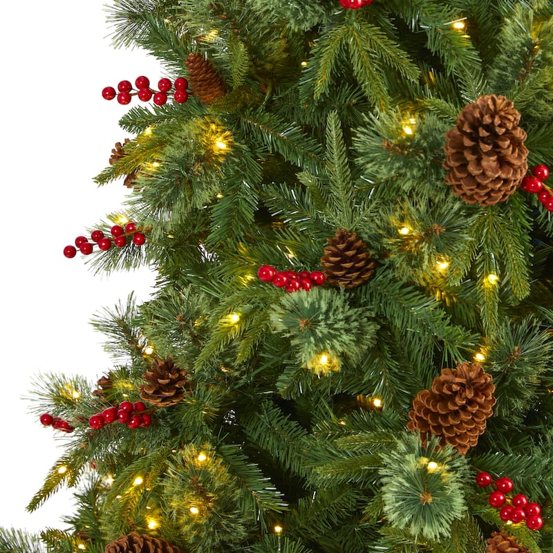 9ft Artificial Christmas Tree with Lights - Holiday Decor, Pine Cones & Berries, Festive Tree for Home - Green - 108