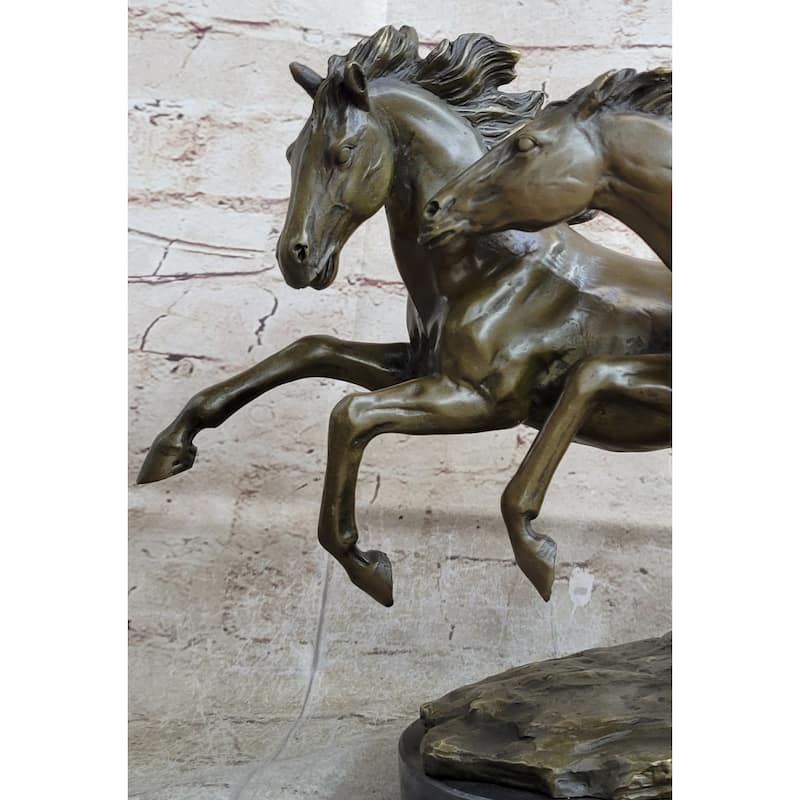 Galloping Pair Of Horses Bronze Statue Sculpture Decor Signed Zhang 10 Inches X 17 Inches