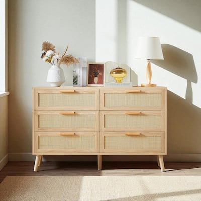 Natural 6 Drawer Dresser with Rattan Fronts, Wooden Double Chest of Drawers Storage Cabinet for Bedroom and Hallway