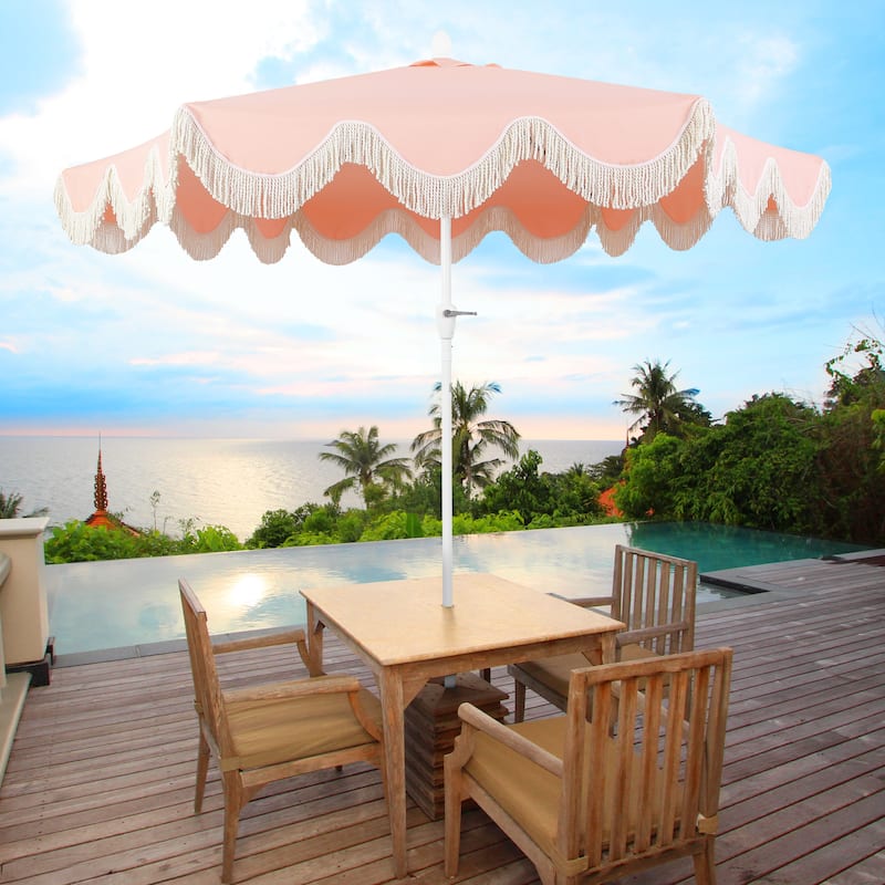 9ft Tassel Patio Umbrella Auto-Tilt, Crank , by JONATHAN Y