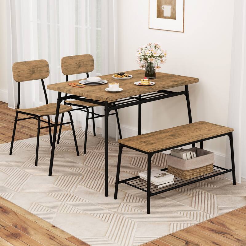 Gymax Dining Table Set for 4 Dining Room Kitchen Table w/ Bench 2 - Brown