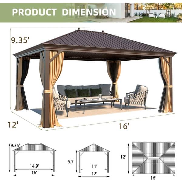 dimension image slide 0 of 17, Outdoor Hardtop Gazebo Pergola w Galvanized Steel Roof and Aluminum Frame, Prime Curtains and nettings include