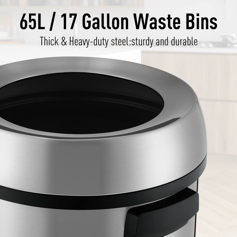 65L/17 Gallon Open Top Trash Can Brushed Stainless Steel For Outdoor Kitchen Waste Bins Home House Family