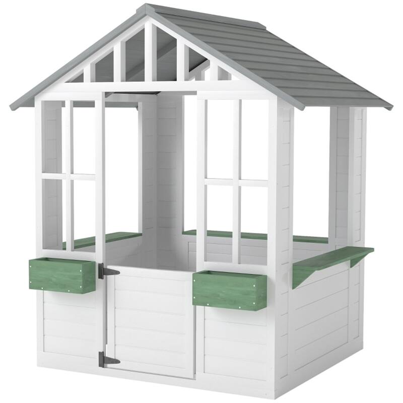 White Wooden Kids Outdoor Playhouse with Windows Serving Station and Flowerpot Holders for Ages 3 to 8