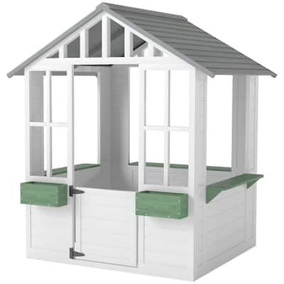 White Wooden Kids Outdoor Playhouse with Windows Serving Station and Flowerpot Holders for Ages 3 to 8