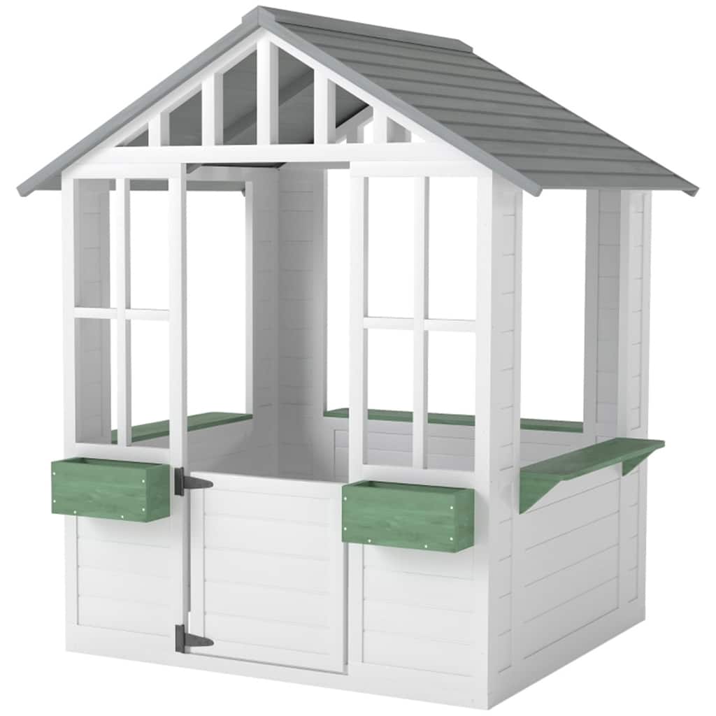 White Wooden Kids Outdoor Playhouse with Windows Serving Station and Flowerpot Holders for Ages 3 to 8