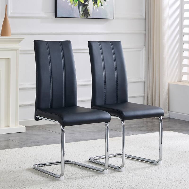 2-Pack PU Upholstered Dining Chairs - Modern High-Back Side Chairs with Sturdy Chrome-Plated Iron Tube Legs for Dining Room - Black