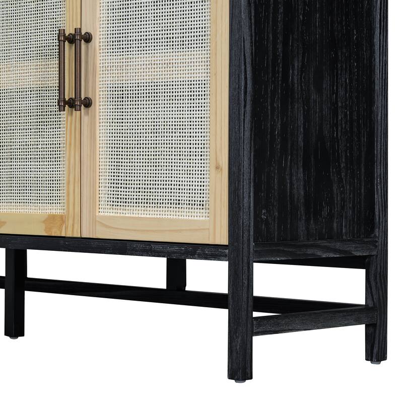 Rattan Sideboard Buffet Storage Cabinet Console Table, Black+Natural