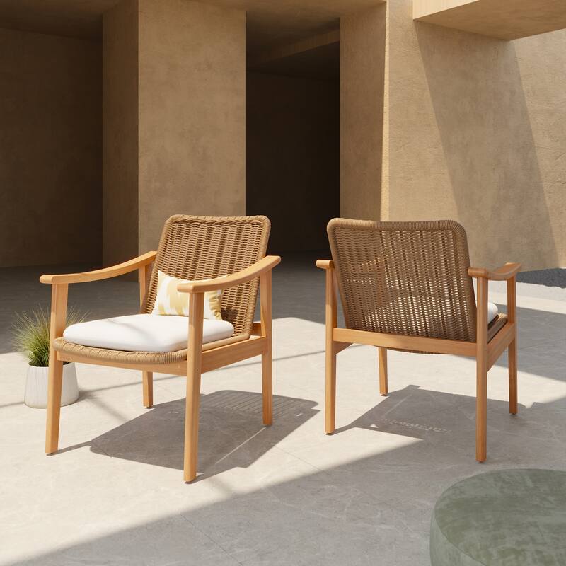 Outdoor Farmhouse Rattan Dining Chairs in Solid Acacia Wood Armchairs Weaving PE wicker Weather-resistant